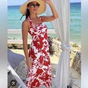 Zara Red and White Floral Halter Maxi Dress